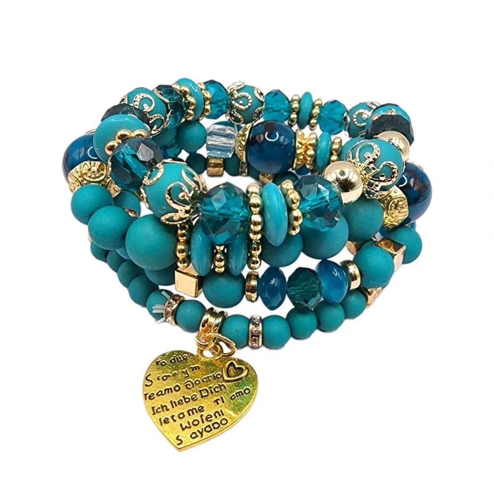 Turquoise Bohemian Glass Charms Bracelet Stretchable Boho Style Blue Jewelry - Picture 2 of 7